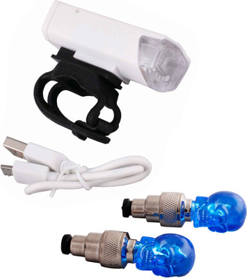 

Asraw Bicycle USB Rechargeable 300 Lumens LED Front Light and SKULL Shaped Motion Sensor Valve Cap Light LED Front Rear Light Combo(Multicolor)