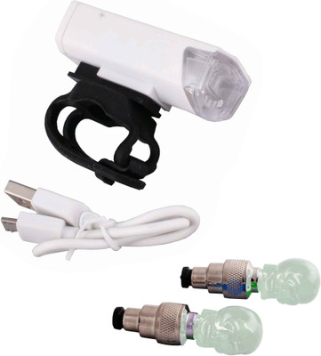 

Asraw Bicycle USB Rechargeable 300 Lumens LED Front Light and SKULL Shaped Motion Sensor Valve Cap Light LED Front Rear Light Combo(Multicolor)