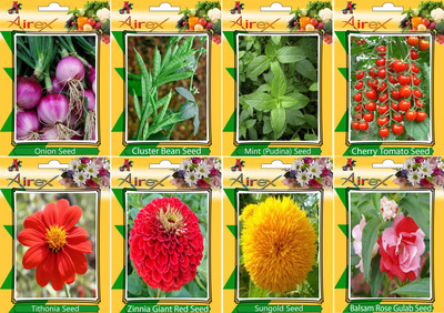 

Airex Onion, Cluster Bean, Mint (Pudina), Tomato Cherry, Tithonia, Red Zinnia, Sungold and Balsam Rose Gulab Seed (Pack Of 25 seed * 4 Per Pkts of Vegetables) + (Pack Of 25 Seed * 4 Per Pkts Flower) Seed + Get 1 Pkts of Herb Seed Free Seed(25 per packet)