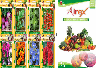 

Airex Onion, Cluster Bean, Mint (Pudina), Tomato Cherry, Cosmos Mixed, French Marigold, Morning Glory and Gaillardia Double Red Seed + Humic Acid Fertilizer (For Growth of All Plant and Better Responce) 15 gm Humic Acid + Pack Of 50 seed * 4 Per Pkts of V
