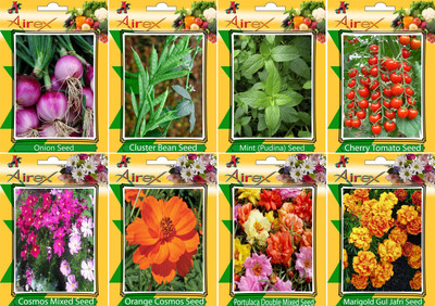 

Airex Onion, Cluster Bean, Mint (Pudina), Tomato Cherry, Cosmos Mixed, Orange Cosmos, Portulaca Mixed and Marigold Gul Jafri Seed (Pack Of 20 seed * 4 Per Pkts of Vegetables) + (Pack Of 20 Seed * 4 Per Pkts Flower) Seed Seed(20 per packet)