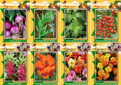 Airex Onion, Cluster Bean, Mint (Pudina), Tomato Cherry, Balsam, Orange Cosmos, Portulaca Mixed and Marigold Gul Jafri Seed (Pack Of 15 seed * 4 Per Pkts of Vegetables) + (Pack Of 15 Seed * 4 Per Pkts Flower) Seed Seed(15 per packet)