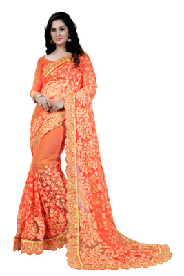 Nine Sister Embroidered Fashion Net Saree(Orange)