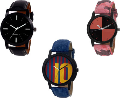 

FabSale Set Of Three Combo Leather StrapMessy Jersey Dial Print Watch Watch - For Couple