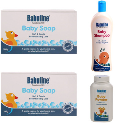 

Babuline Travel Combo Kit(Pack of 2) Baby Soap 100gm + Baby Shampoo 200ml with Free Powder 50gm for Baby(White)