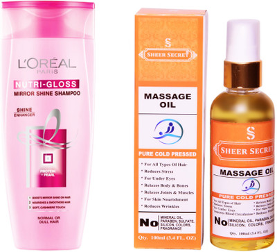 

L'Oreal NUTRI GLOSS SHAMPOO 175ML with SHEER SECRET COLD PRESSED MASSAGE OIL 100ML(Set of 2)