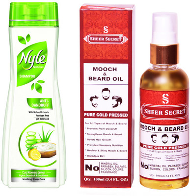 

NYLE 180 ML ANTI DANDRUFF SHAMPOO with SHEER SECRET COLD PRESSED MOOCH AND BEARD OIL 100ML(Set of 2)