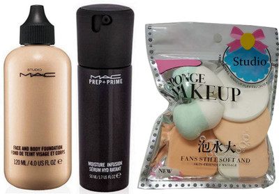 Studio Spongy Puff 6 in 1,Mac Face & Body Liquid Foundation With Moisture Lightweight Face Serum(Set of 3)