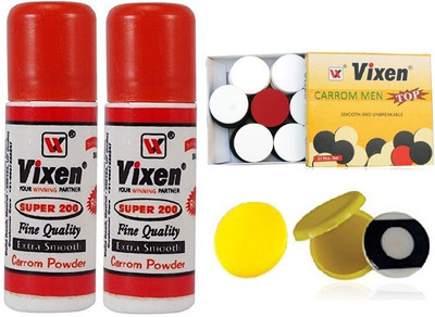 

Vixen Combo of Five- Two 'Super 200' carrom Powder , Two Carrom Striker and One Box 'Carrom Men Top' Coins- Board Game