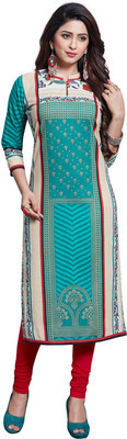 Ishin Women Printed Straight Kurta(Blue, Beige)