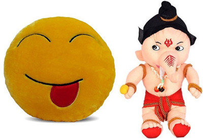 

MTC Tongue Out Smile Cushion (32cm)Combo With Ganesha (32cm) Stuffed Toy - 32 cm(Yellow)