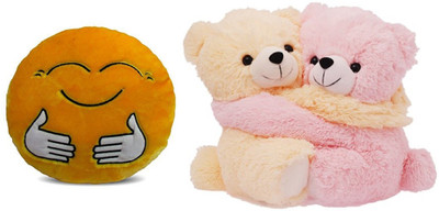 MTC Hugging Smile Cushion (32cm)Combo With Couple Teddy (35cm) Stuffed Toy - 35 cm(Yellow)