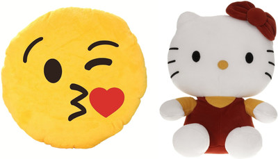 MTC Kissing Soft Smile Cushion (32cm)Combo With Kitty (30cm) Stuffed Toy - 30 cm(Yellow)