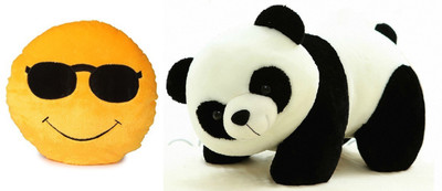 

MTC Cool Dude Smile Cushion (32cm)Combo With Panda (25cm) Stuffed Toy - 25 cm(Yellow)
