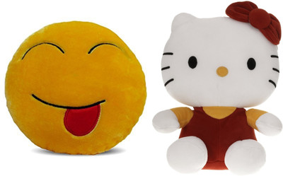 

MTC Tongue Out Smile Cushion (32cm)Combo With Kitty (30cm) Stuffed Toy - 30 cm(Yellow)
