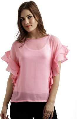Miss Chase Casual Half Sleeve Solid Women Pink Top