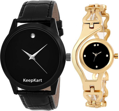 

Keepkart Black Stylish Slim ~ Watch With Golden Bengal Kundan Couple Watch For Men And Women 004 Watch - For Men & Women