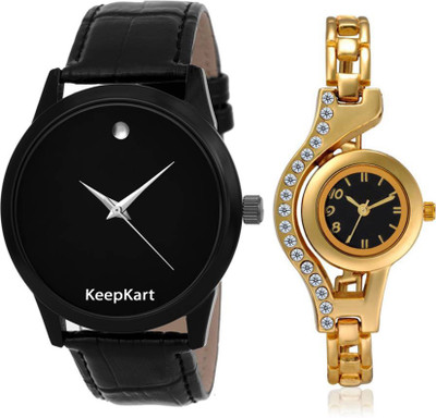 

Keepkart Black Stylish Slim ~ Watch With Golden Bengal Kundan Couple Watch For Men And Women 003 Watch - For Couple