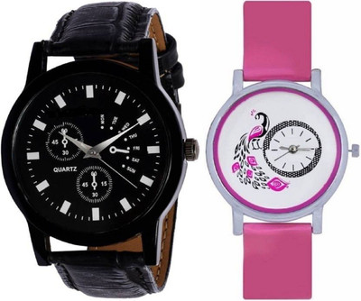 

Miss Perfect Black leather & Pink peacock combo watches for men and women Watch - For Men & Women