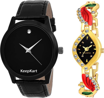 

Keepkart Black Stylish Slim ~ Watch With Golden Bengal Kundan Couple Watch For Men And Women 001 Watch - For Boys & Girls