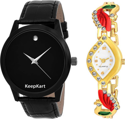

Keepkart Black Stylish Slim ~ Watch With Golden Bengal Kundan Couple Watch For Men And Women 002 Watch - For Men & Women