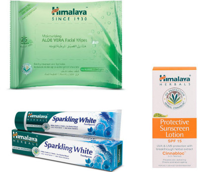 

Himalaya Aloe Vera Facial Wipes, Toothpaste, Protective Suncreen Lotion(Set of 3)