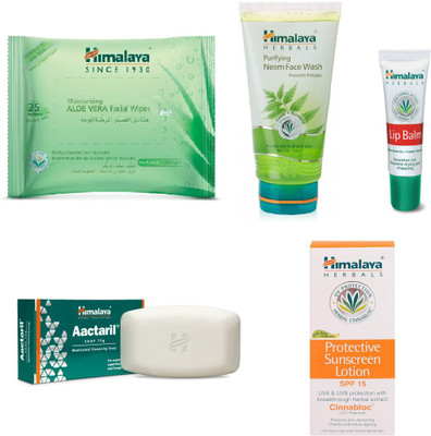 

Himalaya Aloe Vera Facial Wipes, Purifying Neem Face Wash, Lip Balm, Aactaril Soap, Protective Suncreen Lotion(Set of 5)