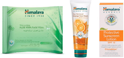 

Himalaya Aloe Vera Facial Wipes, Tan Removal Orange Face Wash, Protective Suncreen Lotion(Set of 3)