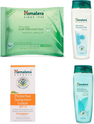 

Himalaya Aloe Vera Facial Wipes, Refreshing & Cleansing Milk, Protective Suncreen Lotion, Refreshing & Clarifying Toner(Set of 4)