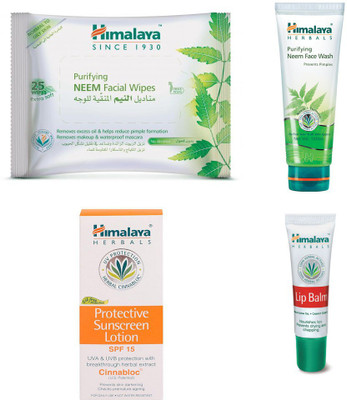 Himalaya Purifying Neem Facial Wipes, Purifying Neem Face Wash, Protective Suncreen Lotion, Lip Balm(Set of 4)