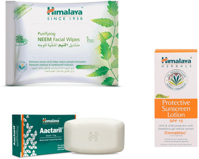 

Himalaya Purifying Neem Facial Wipes, Aactaril Soap, Protective Suncreen Lotion(Set of 3)