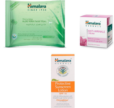 

Himalaya Aloe Vera Facial Wipes, Anti Wrinkle Cream, Protective Suncreen Lotion(Set of 3)