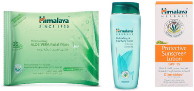 

Himalaya Aloe Vera Facial Wipes, Refreshing & Clarifying Toner, Protective Suncreen Lotion(Set of 3)