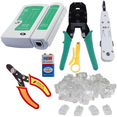 

Inditrust Multitec Stripper Crimper Combo with Rj45 Rj11 Crimping Tool, Lan Cable Tester, Stripper, 9V Battery and 105 Pcs Rj45 Connectors Combo Set