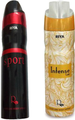

Riya PARTY INTENSE GOLD PERFUME BODY SPRAY 200 ML +SPORT PERFUME BODY SPRAY 200 ML Deodorant Spray - For Men & Women(200 ml)