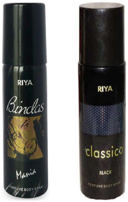 

Riya CLASSICO BLACK PERFUME BODY SPRAY 150 ML + BINDAS MANIA PERFUME BODY SPRAY 150 ML Deodorant Spray - For Men & Women(150 ml, Pack of 2)