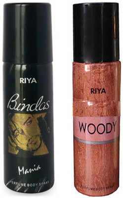 

Riya WOODY PERFUME BODY SPRAY 150 ML + BINDAS MANIA PERFUME BODY SPRAY 150 ML Deodorant Spray - For Men & Women(150 ml, Pack of 2)