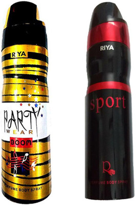 

Riya PARTY WEAR BOOM PERFUME BODY SPRAY 200 ML +SPORT PERFUME BODY SPRAY 200 ML Deodorant Spray - For Men & Women(200 ml, Pack of 2)