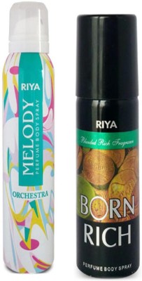 

Riya MELODY PERFUME BODY SPRAY 150 ML +BORN RICH PERFUME BODY SPRAY 150 ML Deodorant Spray - For Men & Women(150 ml)