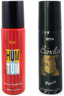 

Riya BINDAS MANIA PERFUME BODY SPRAY 150 ML +HUM TUM PERFUME BODY SPRAY 150 ML Deodorant Spray - For Men & Women(150 ml)