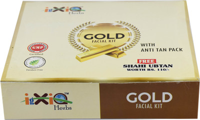 

igxia herbs Gold Facial Kit is enriched with the goodness of Gold dust, herbal extracts, and essential oils. Its 5 step process purifies and nourishes the skin and improves its elasticity. Regular use will reduce dark spots pigmentation to give skin a fla