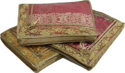 

ANNAPURNA SALES Designer Designer 2" Height Satin Small Saree Cover With Front Heavy Net Saree Cover or Wardrobe Organizers Combo Pack of 3 Pcs. Gold2S03(Golden)