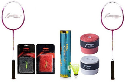 

Li-Ning Combo of Seven, Two ' XP 708' badminton rackets , two wrist bands ,two badminton grips and one 'T 900' shuttle cock box ( pack of 6+1 shuttle cock) Badminton Kit