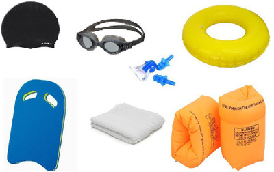

FACTO POWER MULTICOLOR GOGGLES, CAP WITH EAR, NOSE PLUG, 80 CENTIMER TUBE, ARM FLOTS, KICK BOARD & TOWEL Swimming Kit