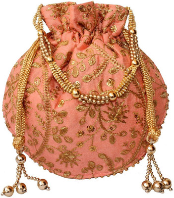 

Bagaholics Ethnic Clutch Silk Potli Batwa Pouch Bag with Metal Beadwork Gift For Women Potli(Orange)
