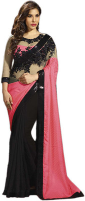 Maruti Creation Printed, Floral Print, Solid, Applique, Paisley, Self Design, Embellished, Striped, Polka Print Daily Wear Georgette, Chiffon Saree(Pink, Black)