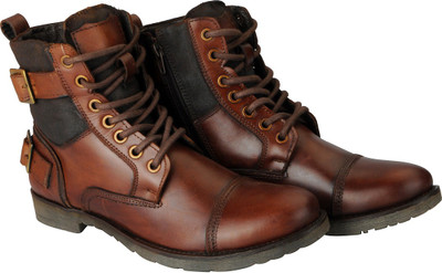 

FAUSTO Outdoor Military High Ankle Leather Boots For Men(Brown, Tan