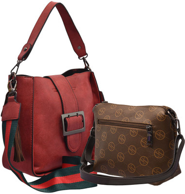 

TAP FASHION Women Casual Red, Brown PU Satchel, Brown;red