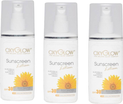

Oxyglow Aloevera & Carrot Sun Cover Lotion with SPF 30 (SunScreen Lotion) - SPF 30 PA+ (120 g) pack of 3 - SPF 30 PA++(360 g)