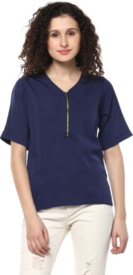 MAYRA Casual Short Sleeve Solid Women Blue Top